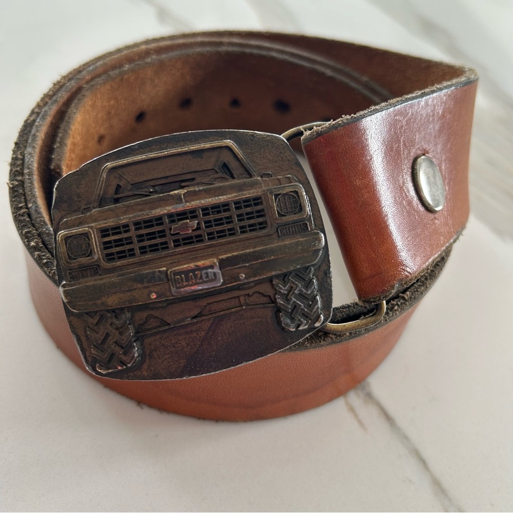 Vintage 1978 Chevy Blazer Brass Buckle | Brown Leather Belt